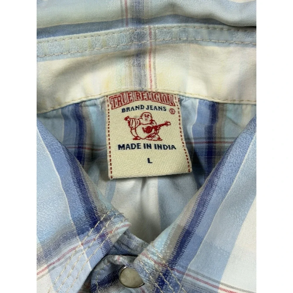 True Religion Mens Western Pearl Snap Buttons Plaid Long Sleeve Shirt Size Large